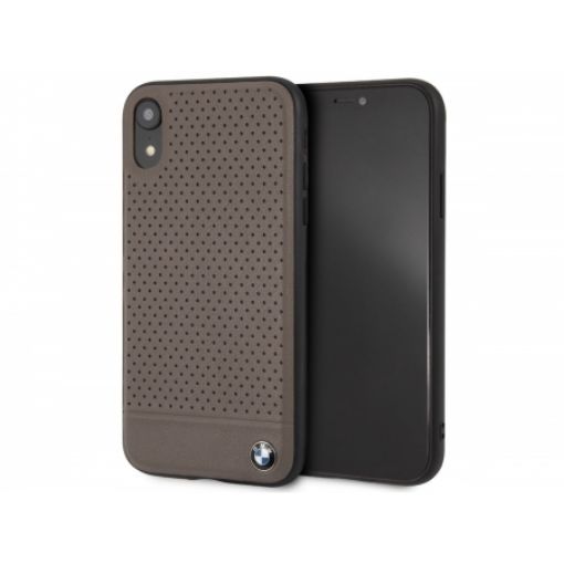Picture of CG MOBILE iPhone XR BMW SIGNATURE phone case made of perforated leather in brown color.