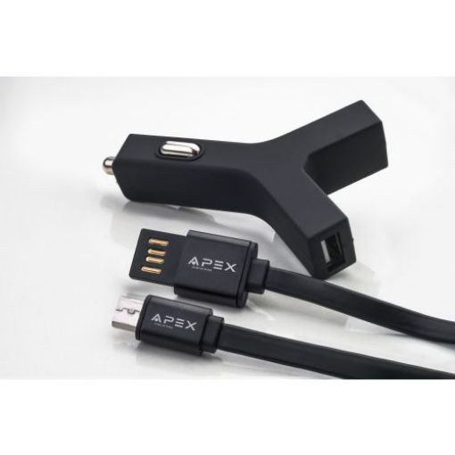 Изображение APEX автомобильное зарядное устройство 2,4A с двумя USB-входами + кабель Micro USB - черный цвет 7290016173208