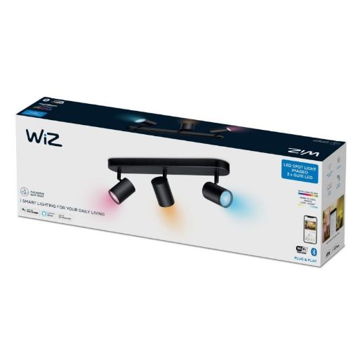 Picture of Wiz is a smart lighting fixture with 3 adjustable colorful spotlights. WiZ smart Spots 3x5W B 22-65K RGB.