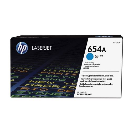 Picture of HP 654A original turquoise color toner.