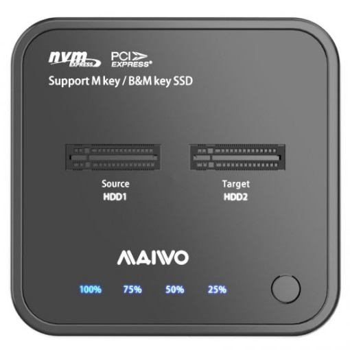Picture of Maiwo K3016P is a dual-bay USB3.2 Gen2 Type-C docking and cloning station for NVMe M.2 SSDs.