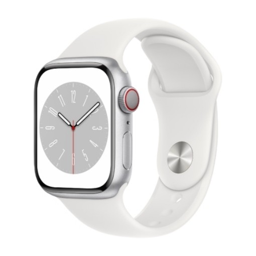 Изображение Умные часы Apple Watch Series 8 45 мм GPS+Cellular, цвет часов - алюминиевый серебристый корпус с белым спортивным ремешком (Certified Refurbished).