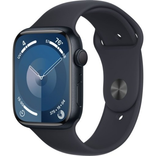 Picture of Apple Watch 45mm Series-9 GPS smartwatch, Midnight Aluminum Case color, Midnight Sport Band color, M/L strap size.