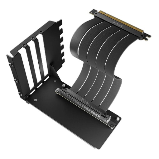 Picture of Antec PCI-E 4.0 riser cable with support in black color.