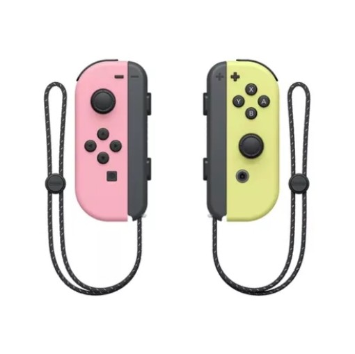 Изображение Управляющие контроллеры Nintendo Switch Joy-Con в розовом и пастельно-желтом цвете.