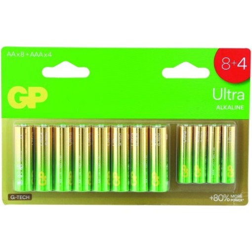 תמונה של 8 סוללות AA ו- 4 סוללות AAA לא נטענות דגם Ultra Alkaline של חברת GP