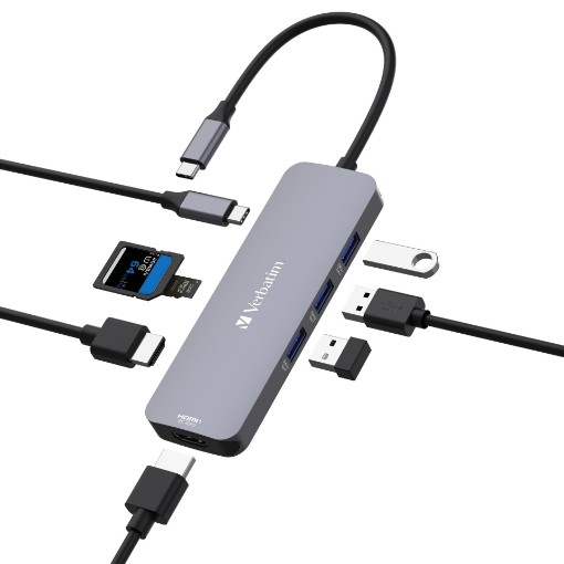 Picture of VERBATIM USB-C™ PRO MULTIPORT HUB RJ45 docking station in black.