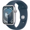Изображение Умные часы Apple Watch Series 9 (GPS) 45 мм, корпус из серебристого алюминия с синим спортивным ремешком Storm Blue с измерением уровня кислорода в крови - M/L - Silver MR9E3LL/A.
