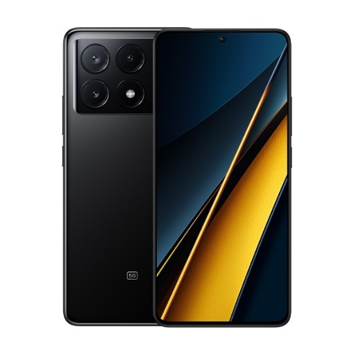 Picture of Officially imported Xiaomi Poco X6 Pro 5G mobile phone in black color with 256GB storage and 8GB RAM, comes with a two-year warranty.