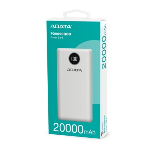 Picture of ADATA AP20000QCD 20,000mAh backup battery in white color.