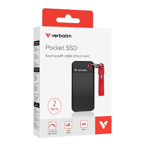 Изображение Портативный SSD Verbatim Pocket SSD объемом 2TB с брелоком - черный/красный.
