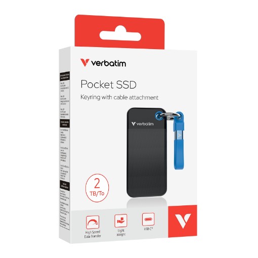 תמונה של כונן SSD נייד Verbatim Pocket SSD בנפח 2TB עם מחזיק מפתחות - צבע שחור/כחול