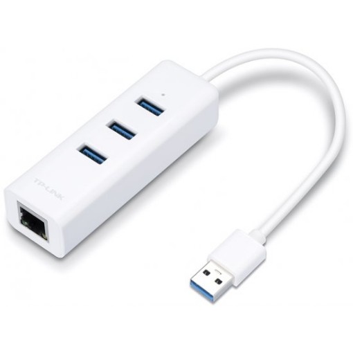 Picture of USB 3.0 splitter for RJ45 network connection with 3 TP-Link UE330 USB 3.0 ports.