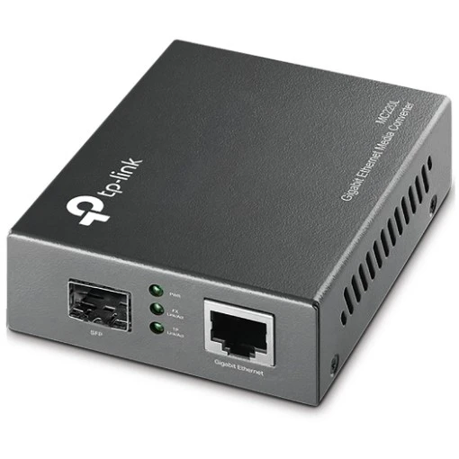Picture of TP-Link Gigabit Ethernet MC220L V4 optical media converter connects to a fiber module and extends the distance.