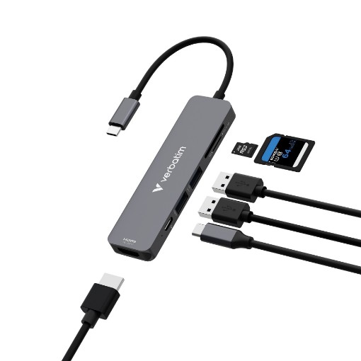 Picture of Verbatim Essentials USB-C Adapter with 6 ports and card reader.