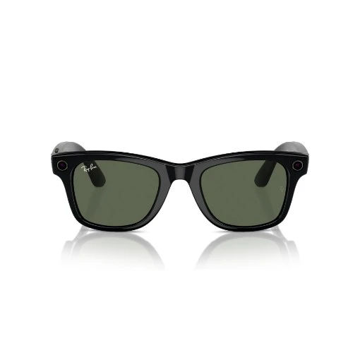 Picture of Ray-Ban Meta Wayfarer smart sunglasses model RW4006 in shiny black with G-15 Green lenses.