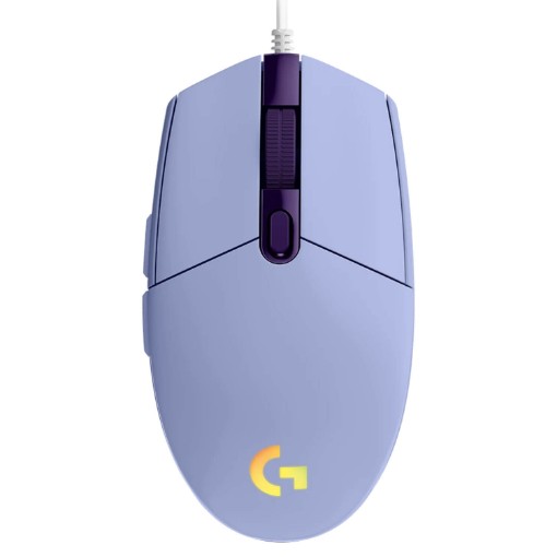Picture of Logitech G203 Lightsync RGB gaming mouse in purple color.