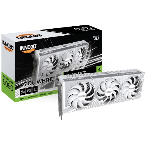 Изображение Видеокарта INNO3D GeForce RTX 5080 X3 OC WHITE белого цвета.