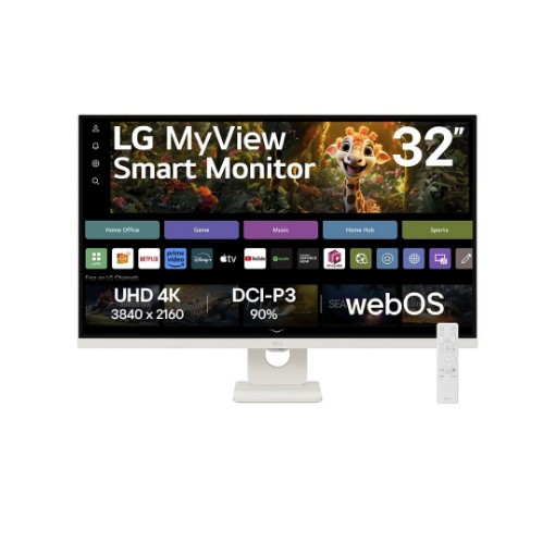 תמונה של מסך חכם LG MyView 32SR73U-W בגודל 32" 4K UHD עם מערכת webOS ותמיכה ב-AirPlay 2 ו-Bluetooth