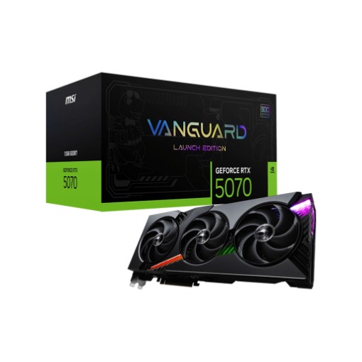 Изображение Видеокарта MSI GeForce RTX 5070 12G VANGUARD SOC черного цвета с RGB.