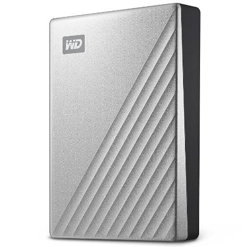 Picture of Western Digital PAS ULTRA CTC 2TB external SSD drive in silver color.