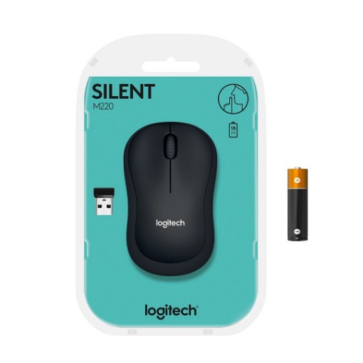 Picture of Logitech M220 Silent wireless mouse in black.