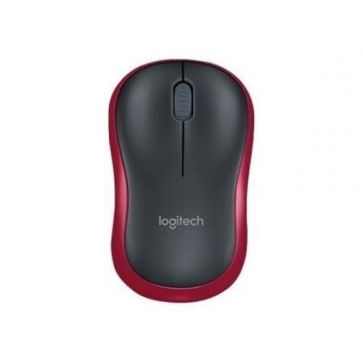 Picture of Logitech M185 wireless mouse in black-red color.