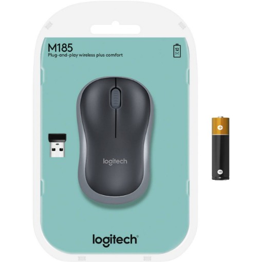 Picture of Logitech M185 wireless mouse in gray color.