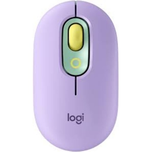 Picture of Logitech POP wireless mouse in purple, mint, and yellow.