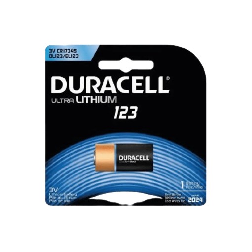 Picture of DURACELL DL123 Ultra V3 lithium battery in silver color.
