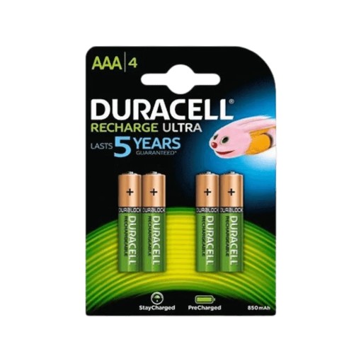 Picture of Set of 4 Duracell AAA rechargeable batteries in silver color.
