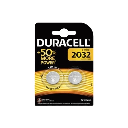Picture of Set of 2 Duracell 2032 lithium batteries in silver color.