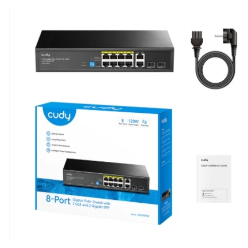Изображение Коммутатор PoE+ CUDY GS1010PS2 на 8 портов в металлическом цвете.