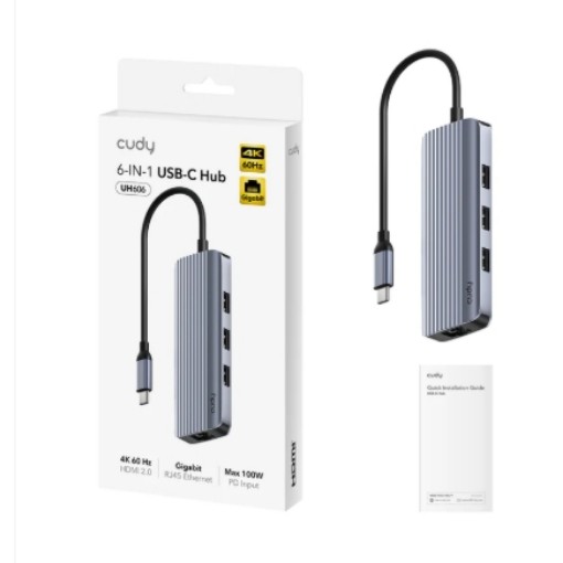 Изображение Концентратор USB-C 6 в 1 CUDY UH605 цвета серый алюминий.