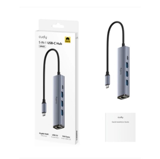 Picture of CUDY 6-in-1 USB-C Hub Model UH606 in silver gray color.