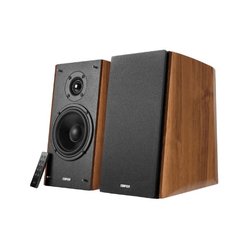Изображение Акустическая система Edifier R2000DB Bluetooth с усилением, выполненная в дизайне теплого дуба.