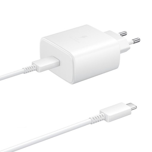 Picture of Samsung Super Fast Travel Charger 45W wall charger with USB-C cable in white.