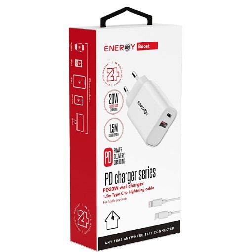 Изображение Зарядное устройство Energy PD 20W включает кабель USB-C на Lightning длиной 1,5 метра белого цвета.