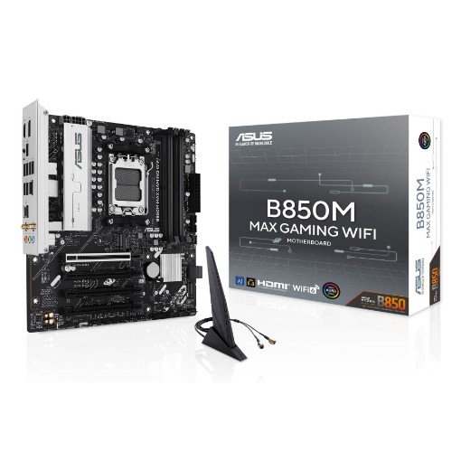 Picture of ASUS B850M MAX GAMING WIFI motherboard, black color.