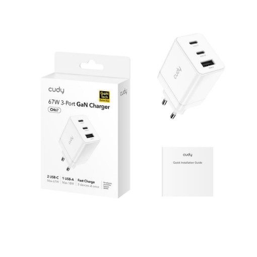 Изображение Зарядное устройство CUDY 3-Port 67W USB-C с EU вилкой модель CH67.