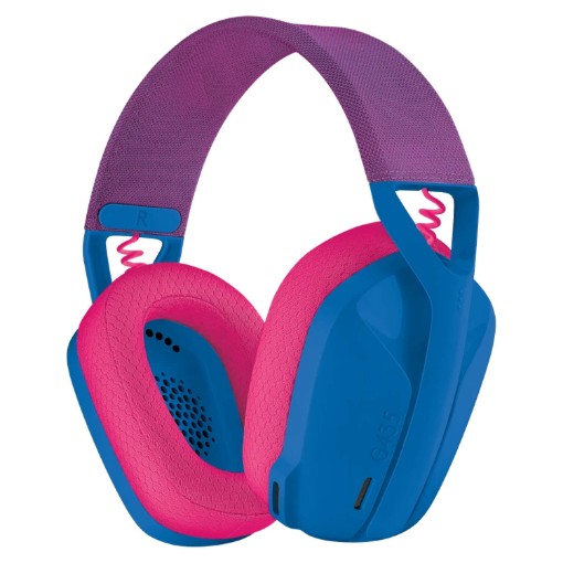 Picture of Logitech G435 Lightspeed wireless gaming headset in pink-blue color.