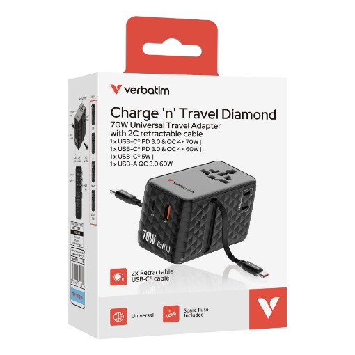 Picture of Universal travel adapter Verbatim Charge 'n' Travel 70W GaN III in black