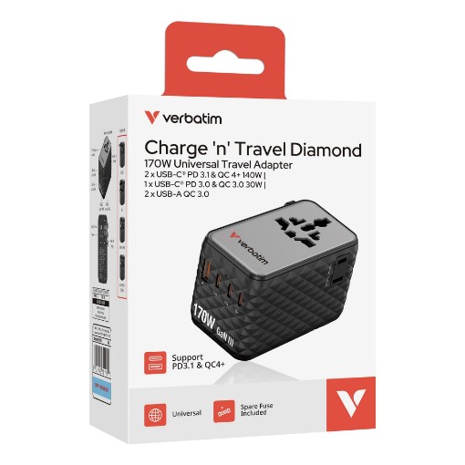Изображение Универсальный адаптер для путешествий Verbatim Charge 'n' Travel 170W GaN III черного цвета