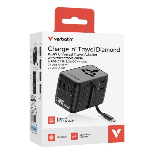 Picture of Universal Travel Adapter Verbatim Charge 'n' Travel 100W GaN III in Black