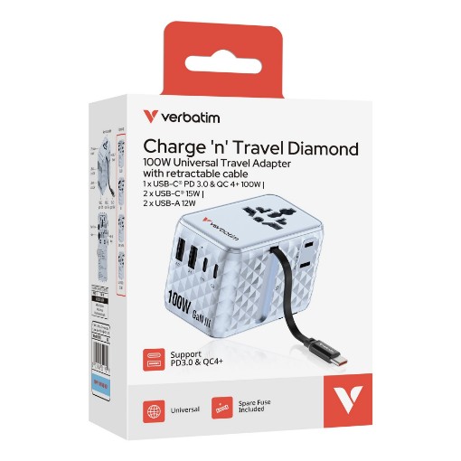 Picture of Universal Travel Adapter Verbatim Charge 'n' Travel 100W GaN III in Blue