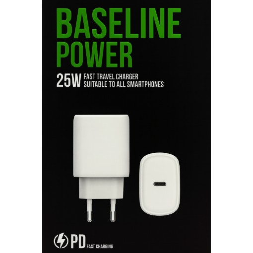 Изображение Быстрое настенное зарядное устройство Baseline Power 25W PD поддерживает быструю зарядку для всех смартфонов, белого цвета.
