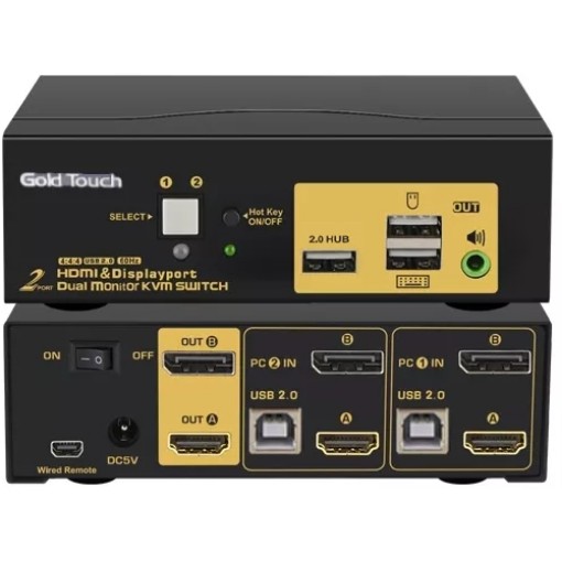 Picture of KVM switch with HDMI and DP ports for 2 monitors with Gold Touch KVM-DPHD-2-2 cable.