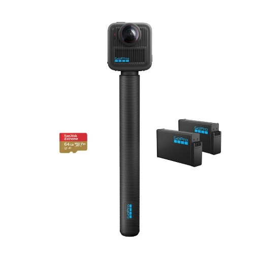 Picture of GoPro MAX2 camera with accessories in black.