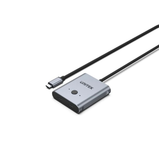 Picture of Two-way switch UNITEK D1078A with USB-C connection in space gray color.