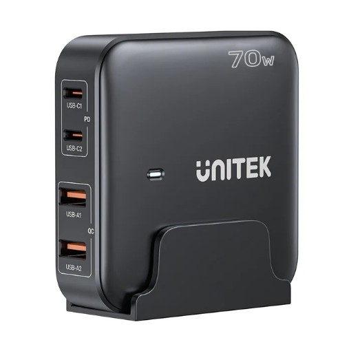 Изображение Зарядное устройство UNITEK 70 Вт с 2 портами USB-C и 2 портами USB-A.